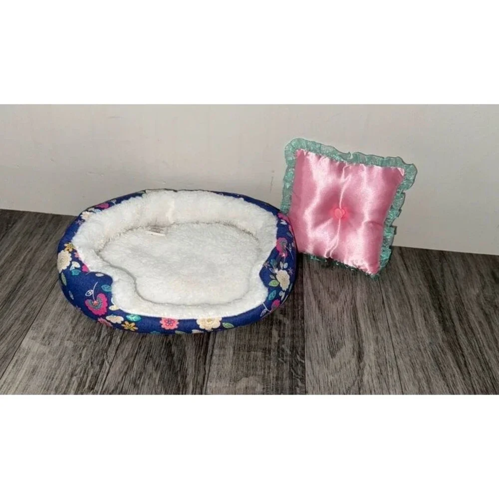 American Girl Doll Bedding Bundle - Floral Pet Bed & Pink WellieWishers Pillow